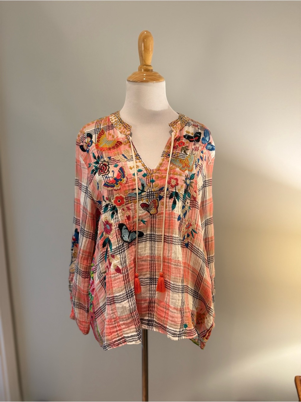Johnny Was 3/4 Sleeve Embroidered Floral Plaid Peasant Top - Coral